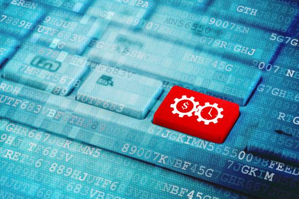 istock Red key with Time is money icon symbol on blue digital keyboard 1083323612