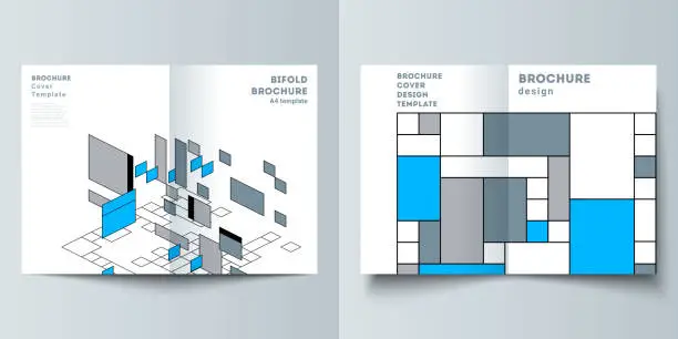 Vector illustration of The vector layout of two A4 format modern cover mockups design templates for bifold brochure, flyer, booklet. Abstract polygonal background, colorful mosaic pattern, retro bauhaus de stijl design.