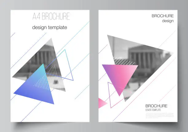 Vector illustration of The vector layout of A4 format modern cover mockups design templates for brochure, magazine, flyer, booklet, annual report. Colorful polygonal background with triangles with modern memphis pattern.