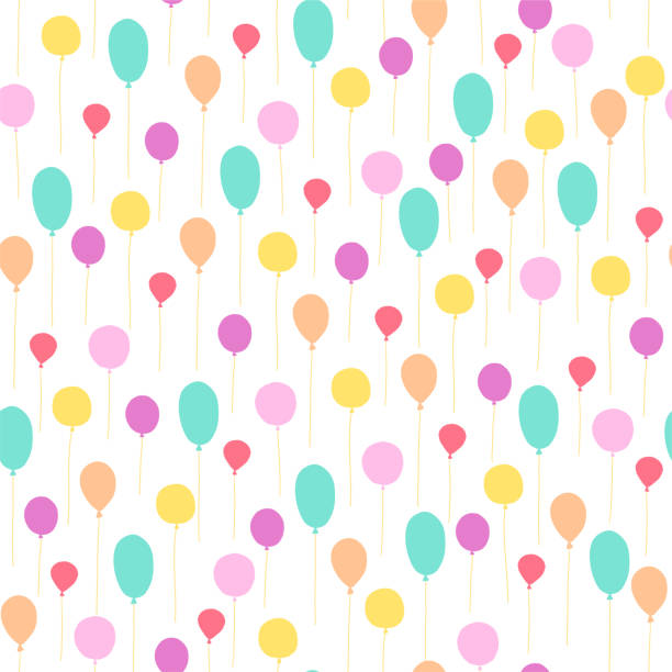 Vector seamless pattern for children birthday party. Flat hand drawn style. Vector seamless pattern for children birthday party. Flat hand drawn style. Green, yellow and pink balloons isolated on white background. Good for cards, packaging gifts paper, banner etc. balloon patterns stock illustrations