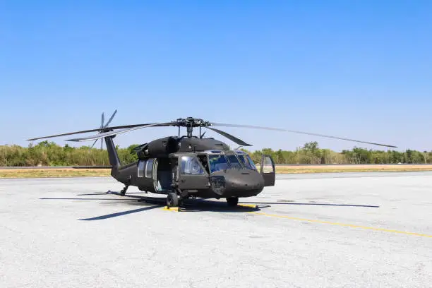 Military helicopter blackhawk at a base