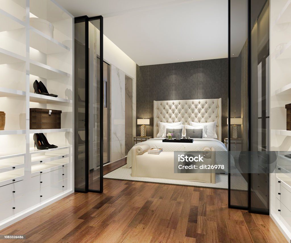3d rendering luxury modern bedroom suite tv with wardrobe and walk in closet 3d rendering interior and exterior design Bedroom Stock Photo