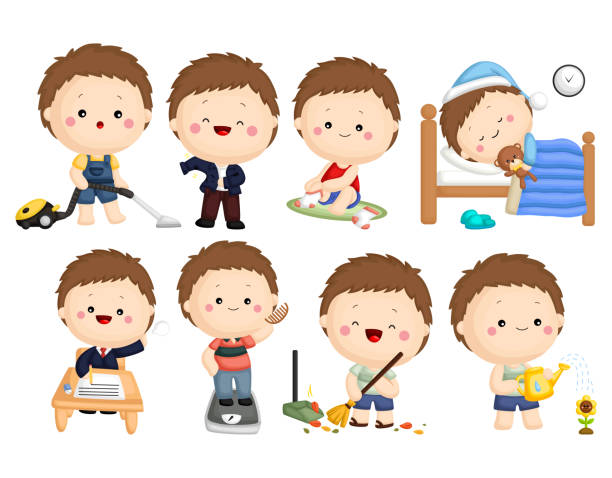 Activities Image Set many activities in a single image boy getting dressed for school stock illustrations
