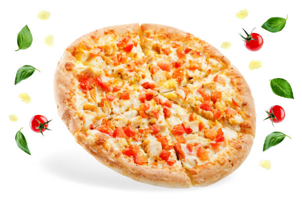 istock Pizza with cheese, chicken and fresh tomato slices isolated 1083329144