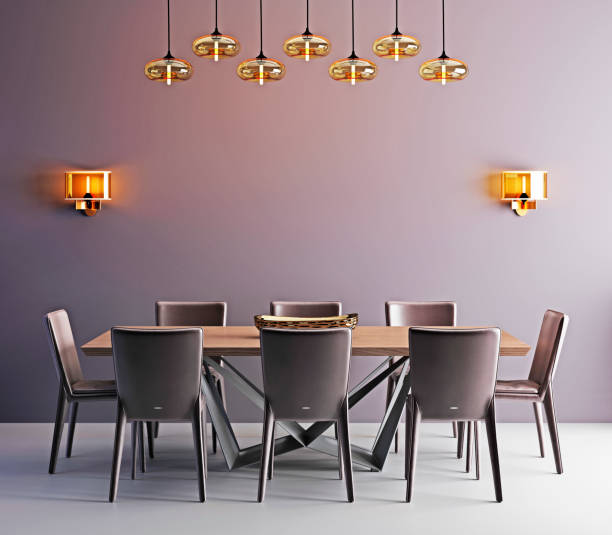 istock Room with contemporary dining table, white chairs and modern lamp 1083331238