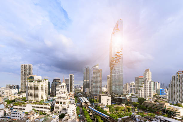 istock Bangkok business district cityscape with skyscraper at evening, Thailand 1083332042