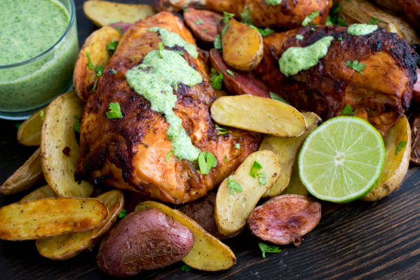 peruvian chicken with aji verde (green sauce) - fingerling imagens e fotografias de stock