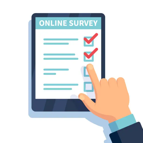 Vector illustration of Online survey. Internet surveying, hands holding tablet with test form. Mobile questionnaire, customers voting vector