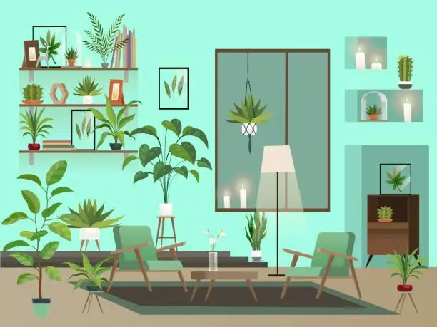 Vector illustration of Living room at night. Urban interior with indoor flowers, chairs, vase and candles