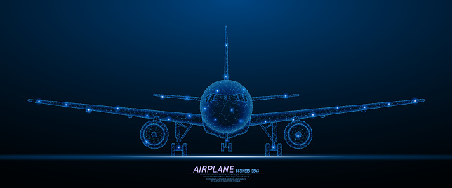 Abstract polygonal light of commercial airliner front veiw. Business wireframe mesh spheres from flying debris. Travel concept. Blue structure style vector illustration.