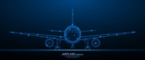 Commercial airliner concept Abstract polygonal light of commercial airliner front veiw. Business wireframe mesh spheres from flying debris. Travel concept. Blue structure style vector illustration. airplane designs stock illustrations