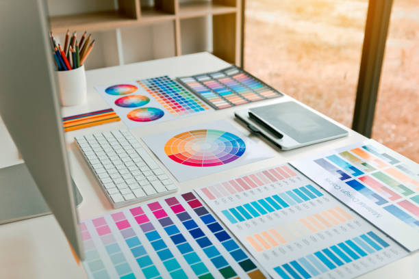 istock Designer's equipment is placed on the desk. 1083346448