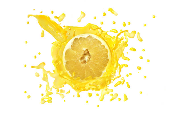 istock Juice or liquid splashing with fresh pomelo isolated on white background. Creative minimalistic food concept for design package, advertising, ads, branding. 1083347150