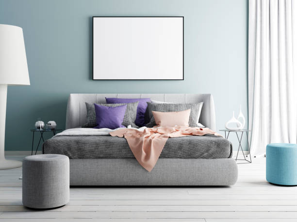 istock Mock up blue wall bedroom interior. Scandinavian style interior. 1083348534