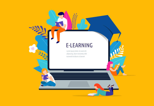 E-learning concept illustration. Big laptop with a square academic cap E-learning concept illustration. Big laptop with a graduate cap, mortarboard, small people scene children reading images stock illustrations