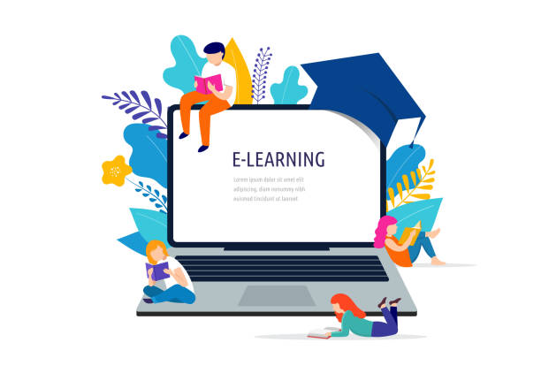 E-learning concept illustration. Big laptop with a square academic cap E-learning concept illustration. Big laptop with a graduate cap, mortarboard, small people scene studying illustrations stock illustrations