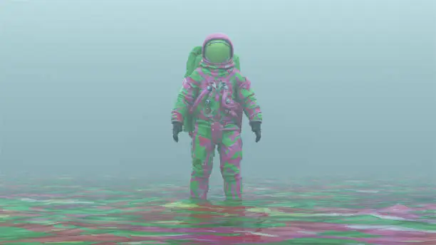 Psychedelic Pink an Green Spaceman with Green Visor Standing in Liquid in a Foggy Overcast Alien Environment 3d illustration 3d render