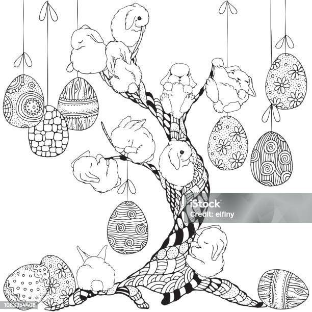Adult Coloring Page Artistic Tree Easter Eggs And Bunnies Black And White Stock Illustration - Download Image Now