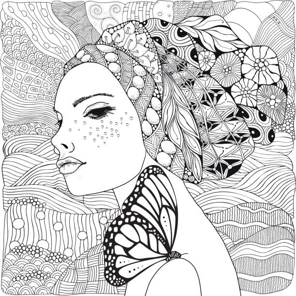 ilustrações de stock, clip art, desenhos animados e ícones de young beautiful woman and butterfly. beach, facing out to sea. black and white doodle coloring book page for adult and children. - summer backgrounds line art butterfly