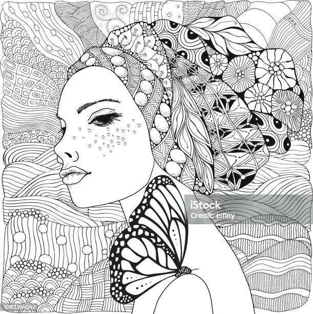 Young Beautiful Woman And Butterfly Beach Facing Out To Sea Black And White Doodle Coloring Book Page For Adult And Children Stock Illustration - Download Image Now