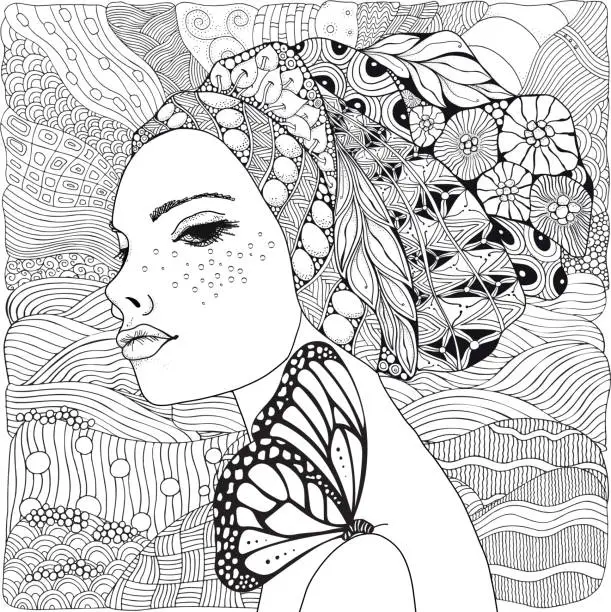 Vector illustration of Young beautiful woman and butterfly. Beach, facing out to sea. Black and white doodle coloring book page for adult and children.