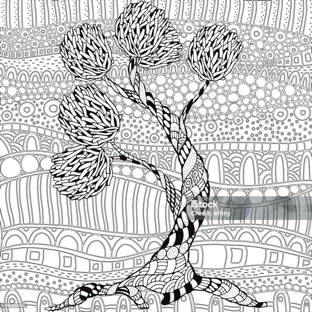 Artistic tree with floral ornaments. Pattern for coloring book. Hand drawn, ethnic, retro, doodle, vector. Black and white. Artistic tree with floral ornaments. Pattern for coloring book. Hand drawn, ethnic, retro, doodle, vector. Black and white background. Abstract stock vector