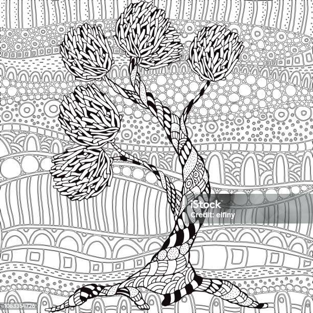 Artistic Tree With Floral Ornaments Pattern For Coloring Book Hand Drawn Ethnic Retro Doodle Vector Black And White Stock Illustration - Download Image Now