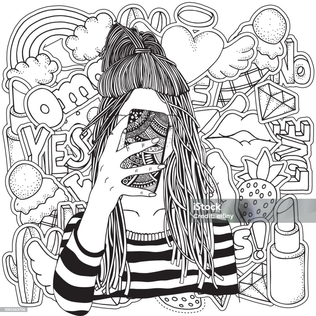 Cool yong girl taking picture on smartphone. Coloring book page for adult. Fashion Patch Badges . Black and white. Cool yong girl taking picture on smartphone. Coloring book page for adult. Fashion Patch Badges in cartoon 80 s-90 s comic doodle style. Black and white. Selfie stock vector
