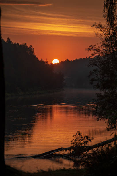 colorful sunset on river Gauja in Latvia, summer colors, rivers in forest with mist