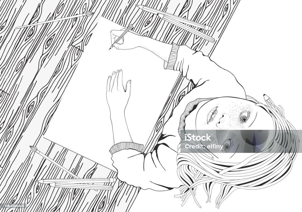 Artist. Cute girl. Blank sheet. Mood. Black and white hand drawn illustration. Adult stock vector