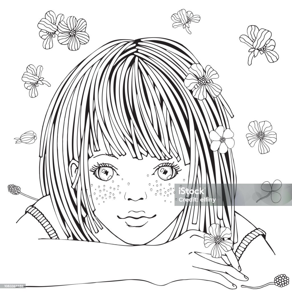 Cute cartoon little girl and flowers. Coloring book page for adult and children. Black and white vector. Girls stock vector