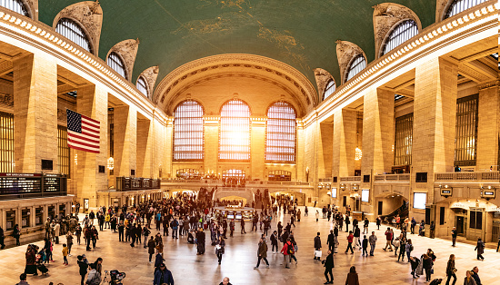 Manhattan, New York City, USA - December 25, 2019: Grand Central Terminal main hall full of tourists and commuters ready to catch a train on Christmas day