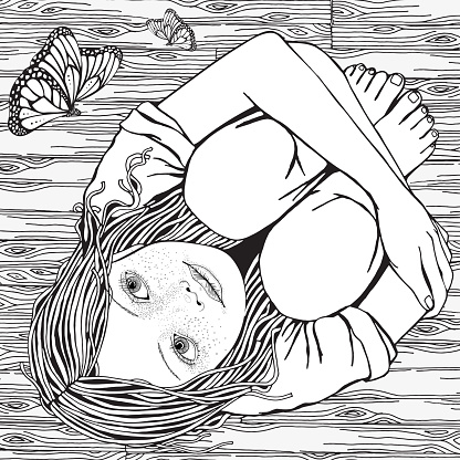 Cute girl is sitting on the wooden floor and butterfly. Black and white doodle coloring book page for adult and children.