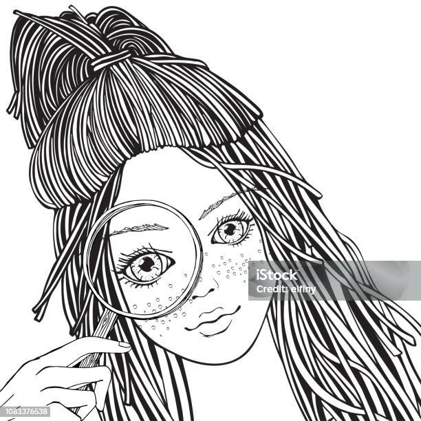 Girl With A Magnifying Glass Hand Drawn Vector Illustration In Doodle Style Adult Coloring Book Page Stock Illustration - Download Image Now