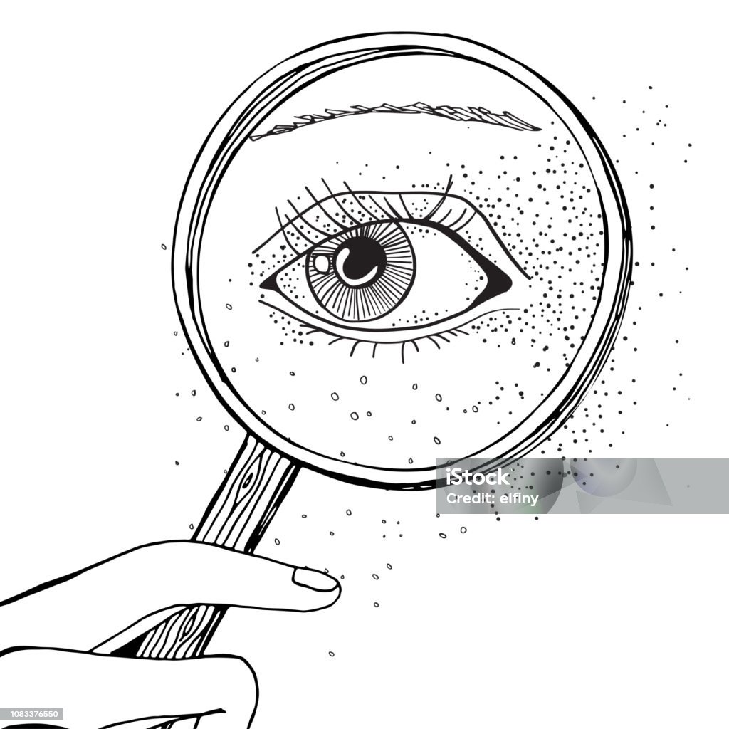 Blackwork tattoo flash. Eye and magnifying glass. Black and white Isolated vector illustration. - stock vector. Drawing - Art Product stock vector