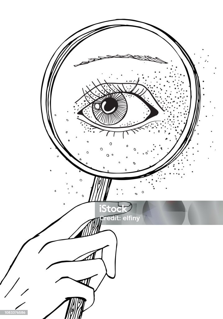 Blackwork tattoo flash. Eye and magnifying glass. Black and white Isolated vector illustration. A4 size. - stock vector. Hand stock vector