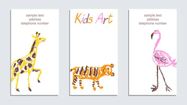 Vector illustration of Card with funny wild animals giraffe, tiger, flamingo. Crayon like child`s hand drawing art colorful copy space on white.