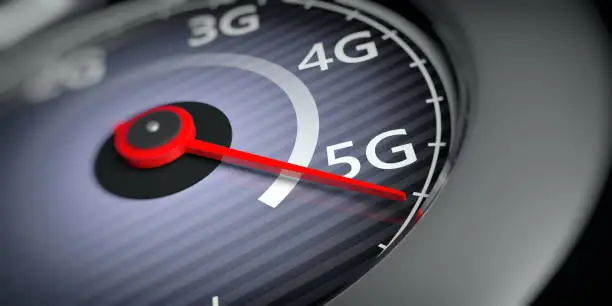 5G High speed network internet connection. Reaching 5g, speedometer indicator, internet speed test, closeup view. 3d illustration
