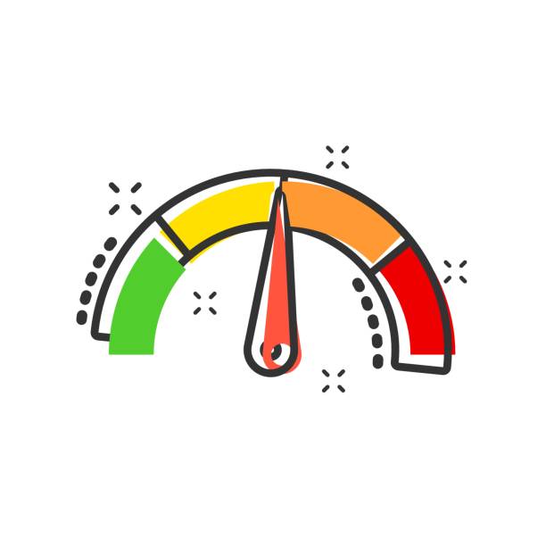 meter-dashboard-symbol im comic-stil. credit score indikator ebene vektor cartoon illustration piktogramm. messgeräte mit messmaßstab business concept splash-effekt. - 16204 stock-grafiken, -clipart, -cartoons und -symbole