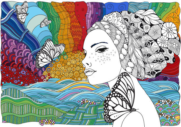젊은 아름 다운 소녀와 나비입니다. 여름 해변, 바다, 물, 파도를 밖으로 향하게. 성인입니다. - summer backgrounds line art butterfly stock illustrations