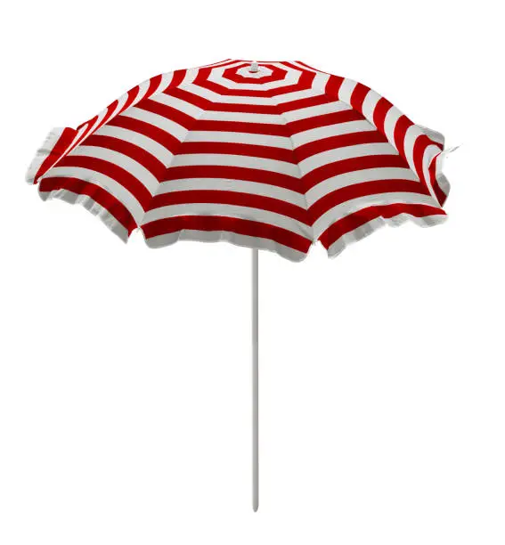 Red-white striped beach umbrella isolated on white. Clipping path included.