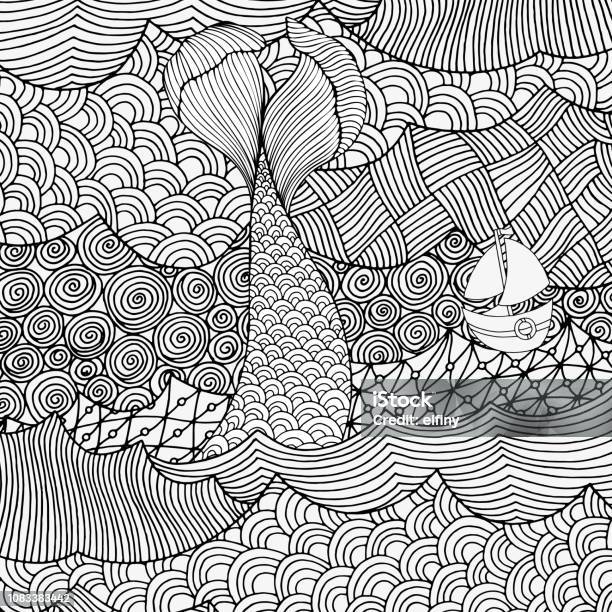 Mermaid Tail On The Waves Seaside Sun Sea Art Background Handdrawn Doodle Vector Black And White Vector Illustration Stock Illustration - Download Image Now