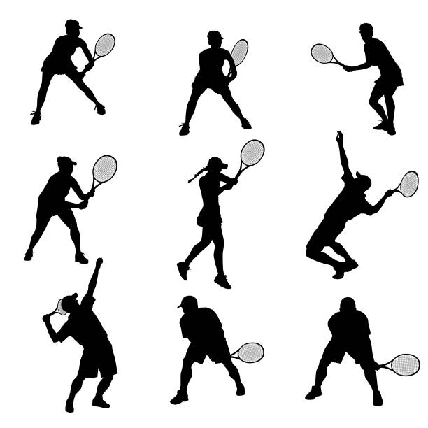 zarys tenisa - action tennis women tennis racket stock illustrations