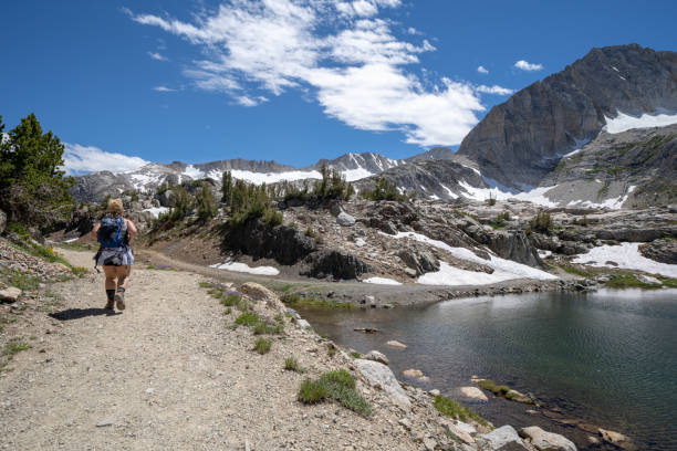 female hiker walks along the trail near steelhead lake along the 20 lakes basin area of california mountains - saddlebag imagens e fotografias de stock
