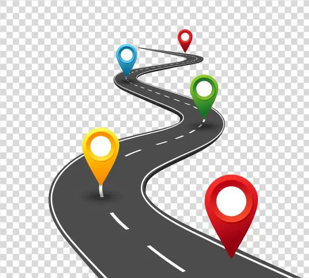 Vector illustration of Road infographics. Winding road to success with pin pointers. Business journey way. Progress concept