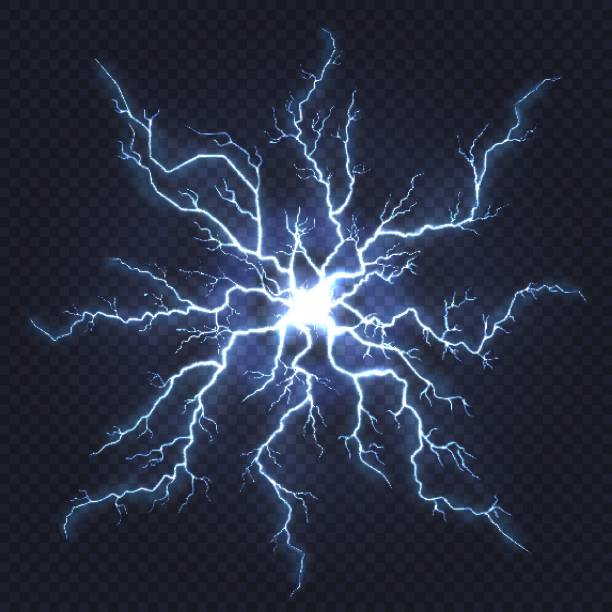 번개 천둥입니다. 전기를 플래시, 스트라이크, 블루 빛 기습 전기 플레어, 스파크 자연 에너지 번개 플래시 - electric arc stock illustrations