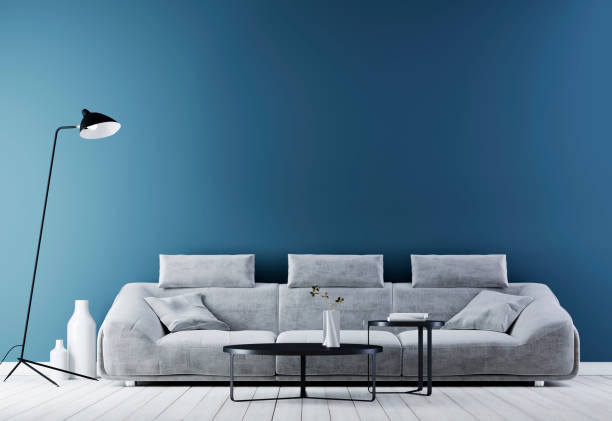 istock Modern vintage interior ,living room with empty wall for mockup, white leather sofa. 1083390244