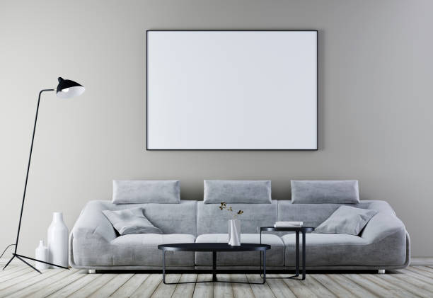 istock Mock up poster frame in modern vintage interior ,living room with white leather sofa. 1083390524