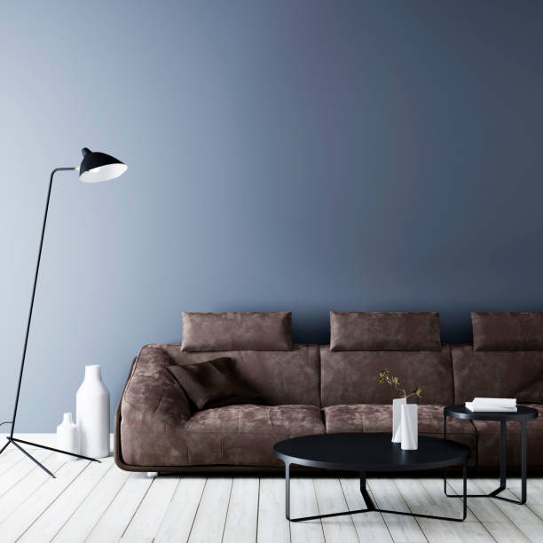 istock Modern vintage interior ,living room with empty wall for mockup, Brown leather sofa. 1083390574