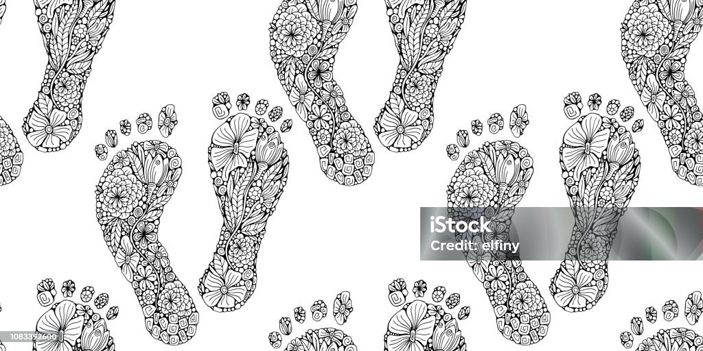 Seamless pattern with Human footprint in doodle style. Coloring book page. Footstep with different little flowers. Black and white foot. Vector. Adult stock vector